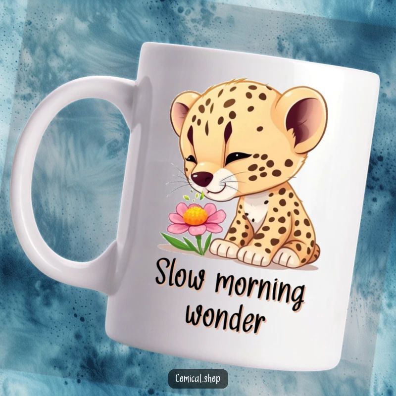 Funny cheetah cub mug showing a cub curiously sniffing a colorful flower with wide-eyed wonder and delight.