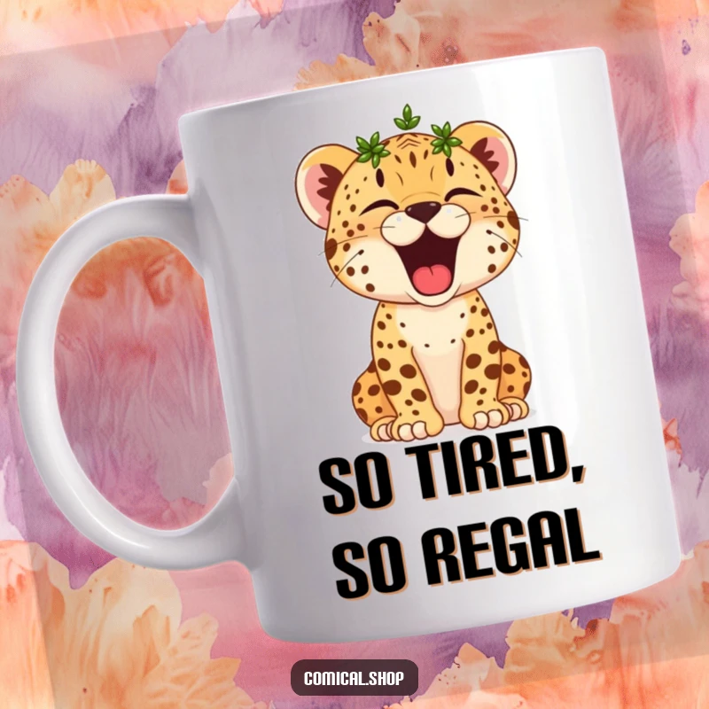 Funny Cheetah Cub Mug: Tiny spotted cub yawns widely, wearing a small laurel wreath, looking adorably victorious and sleepy.