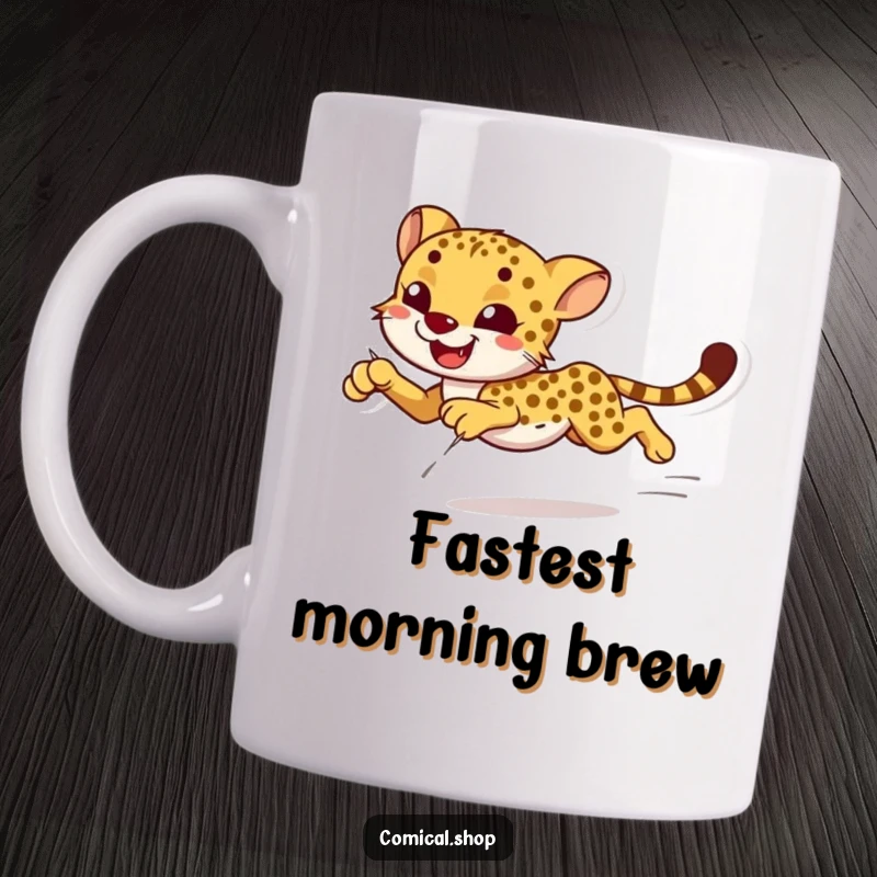 Funny smiling cheetah sprinting with effortless grace on a mug, ideal for speed enthusiasts.