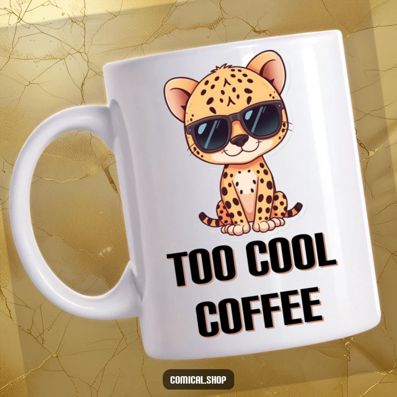 Funny kawaii cheetah wearing sunglasses, striking a cool pose on a mug, ideal for stylish individuals.