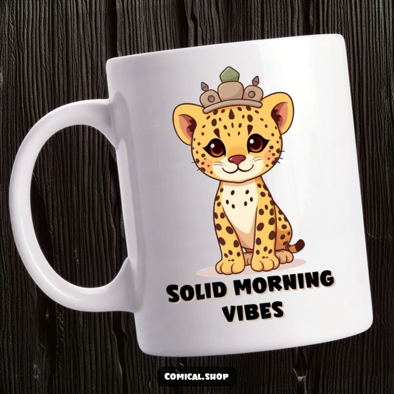 Funny proud cheetah cub wearing a crown of smooth stones, standing tall with quiet dignity on this mug.