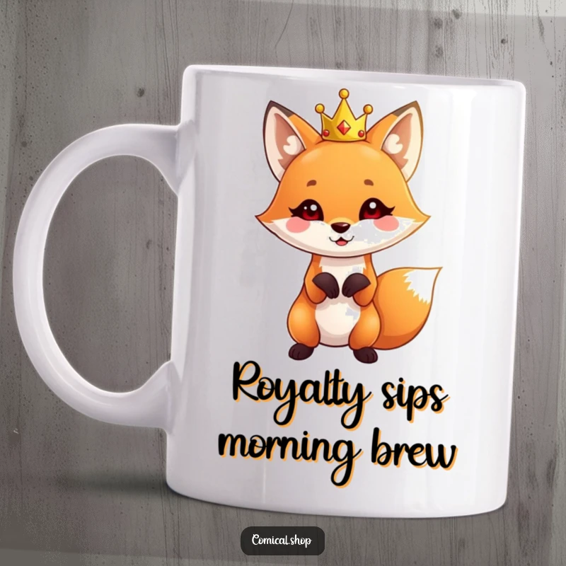 Funny Fox Mug featuring a cute fox wearing a tiny crown, striking a playful pose, looking mischievous and royal.