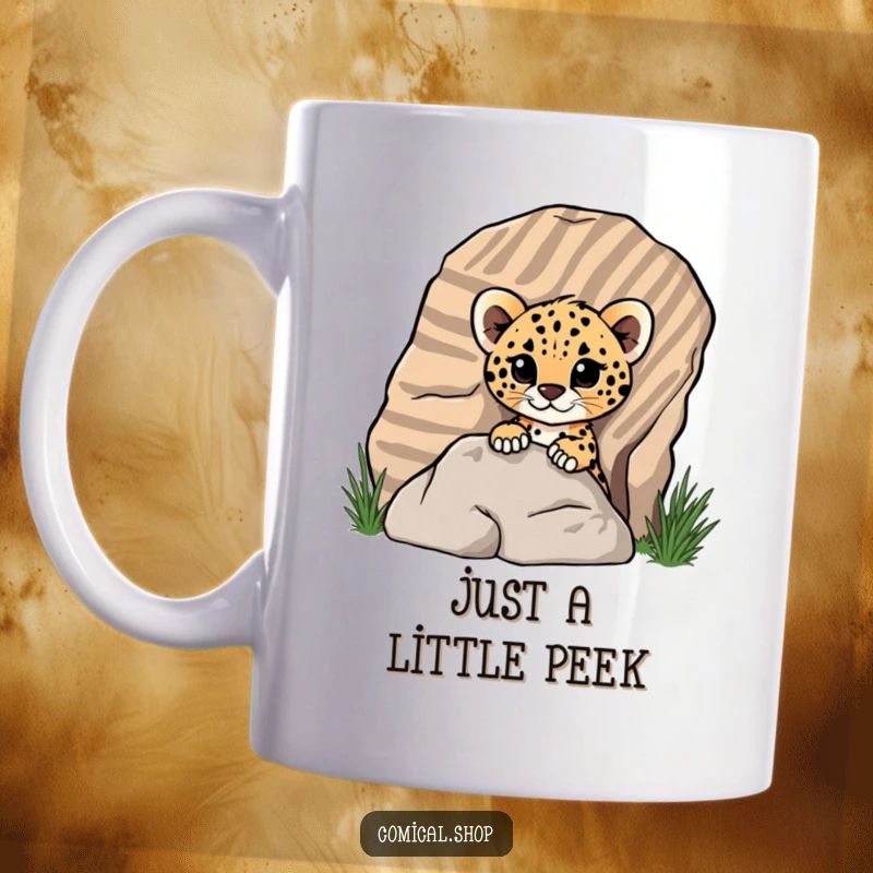 Funny cheetah cub peeking mischievously from behind a large, striped rock on a mug, expressing playful curiosity for screen readers.
