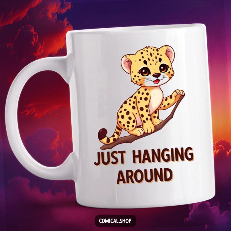 Funny Cheetah Cub Mug: Tiny spotted acrobat balances precariously on a thin branch, showcasing surprising grace and adorable charm.