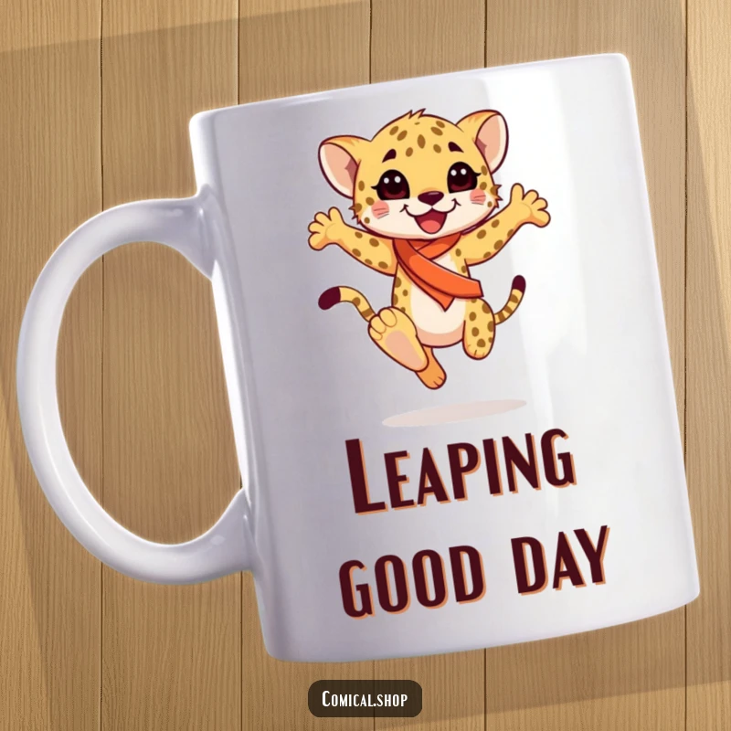 Funny happy cheetah cub wearing a sash, performing a graceful leap, captured on a mug, perfect for dance enthusiasts, a funny gift.
