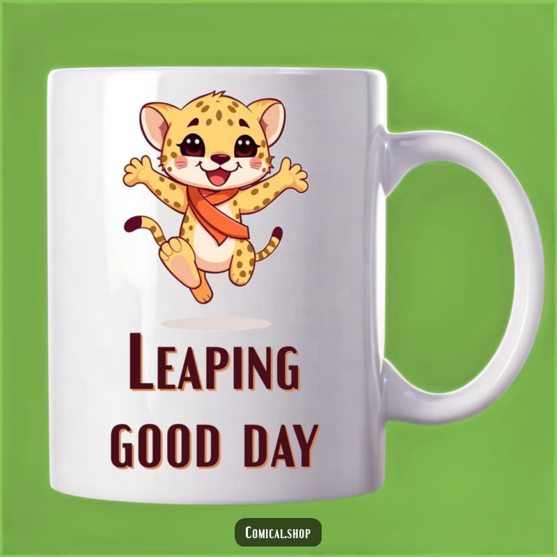 Funny Cheetah Cub Sash Leap Mug: Joyful Dancer Design, Perfect Funny Gift