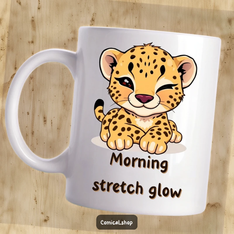 Funny cheetah cub mug featuring a relaxed cub giving a playful wink while stretching languidly, radiating cool cat charm.