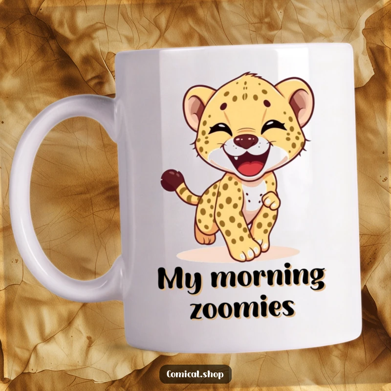 Funny mug featuring a giggling cheetah cub comically chasing its tail with pure, unadulterated joy and playful energy.