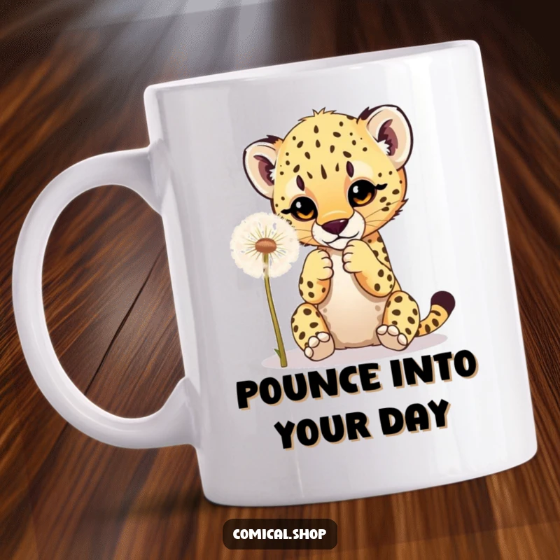 Funny mug featuring a cute cheetah cub playfully batting at a fluffy dandelion with its paws, capturing innocent joy.