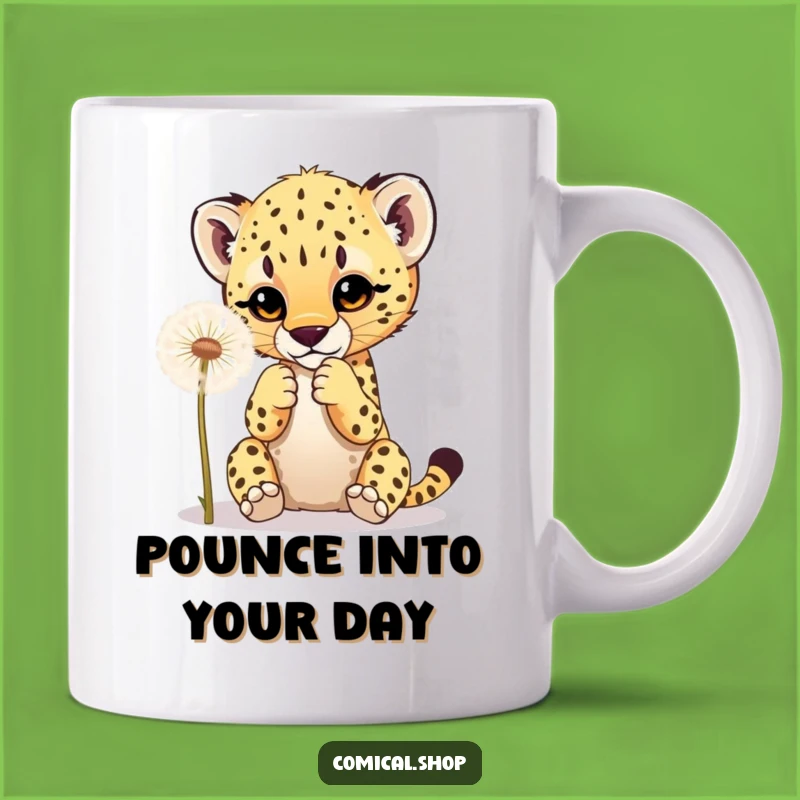 Funny Cheetah Cub Mug: Playful Dandelion Chase Gift