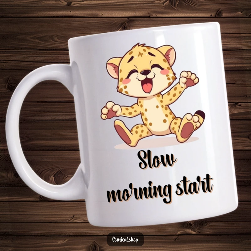 Funny cheetah mug showing a surprised cheetah tripping comically over its paws, ideal for animal lovers.