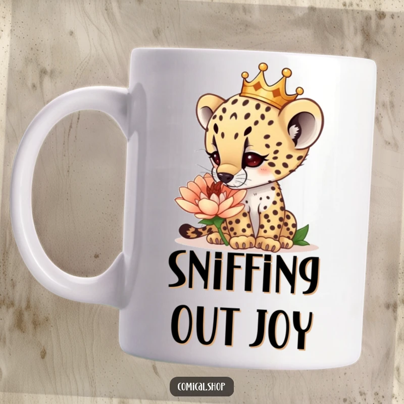 Funny curious cheetah cub wearing a tiny crown, sniffing a giant flower, captured on a mug, celebrating nature, a funny gift.