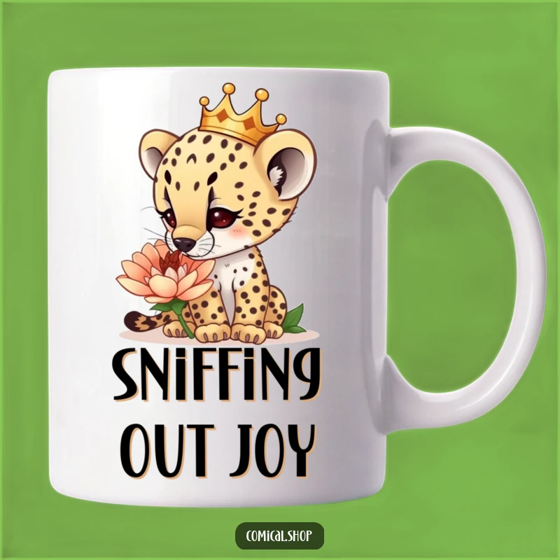 Funny Cheetah Cub Crown Mug: Curious Flower Sniffer Design, Perfect Funny Gift
