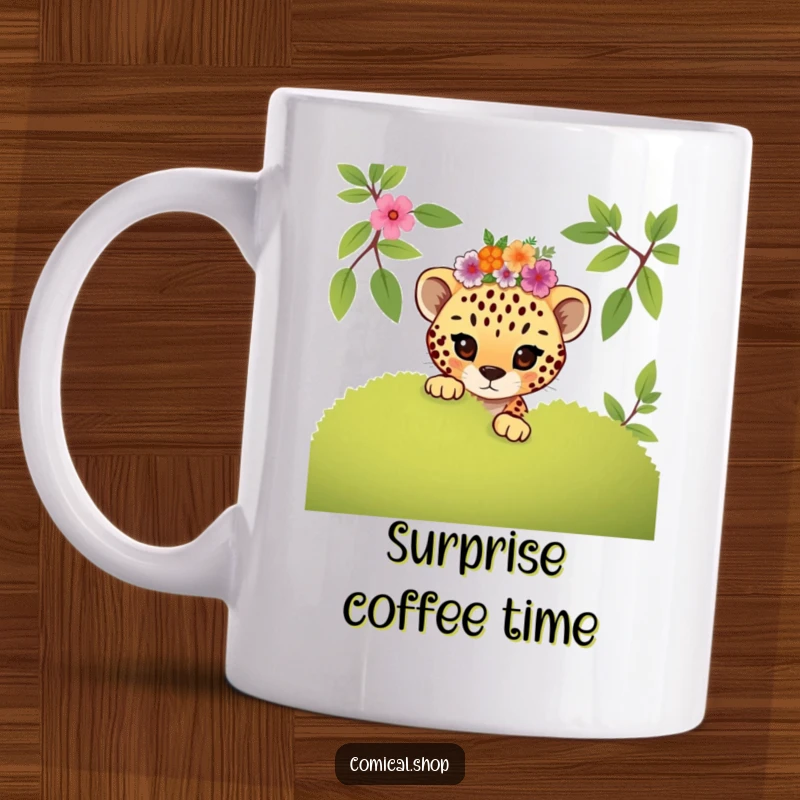 Funny mischievous cheetah cub with a floral crown peeking around a bush, a playful and cute mug gift.
