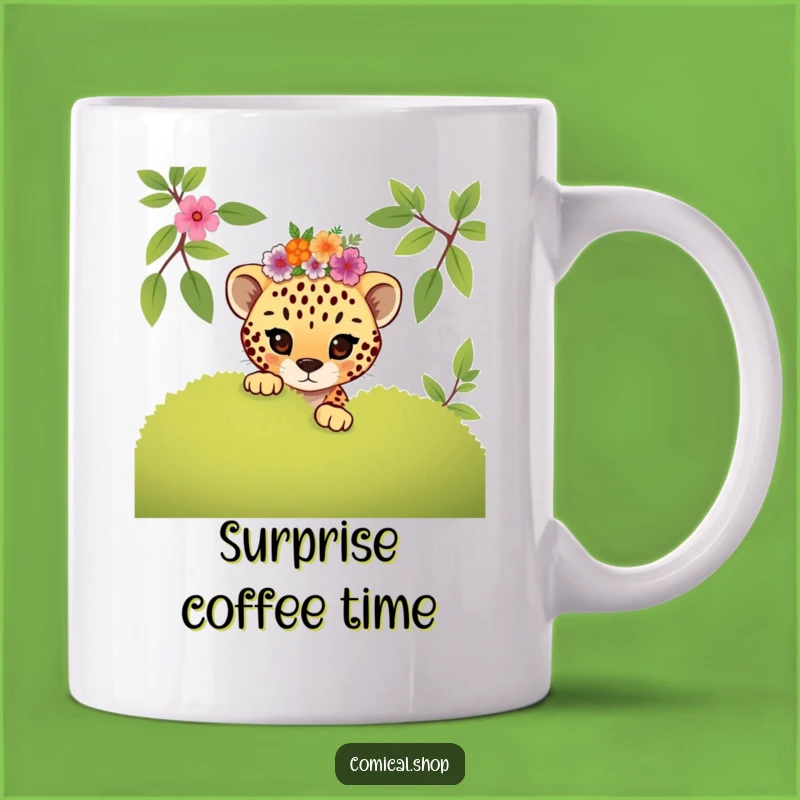 Funny Mischievous Cheetah Cub Floral Mug: Playful Secret Keeper Gift