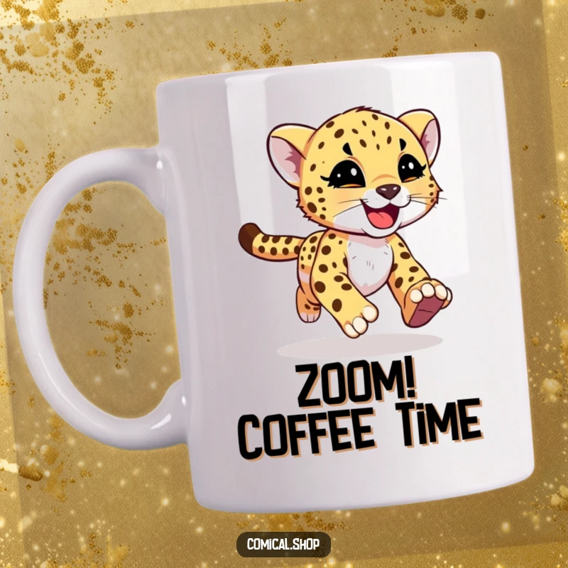 Funny cheetah cub with joyful motion streaks running with abandon on a mug, expressing pure exhilaration for screen readers.