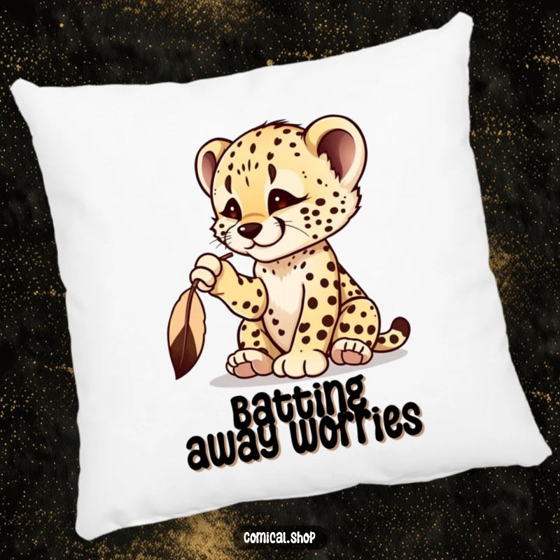 Funny cheetah cub pillow featuring a playful cub batting at a dangling feather, radiating curiosity.