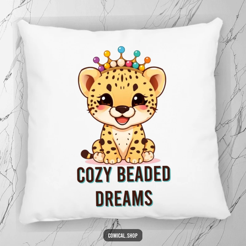Funny giggling cheetah cub wearing a crown of colorful beads, on a soft pillow, providing comfort and joy, an ideal funny gift.