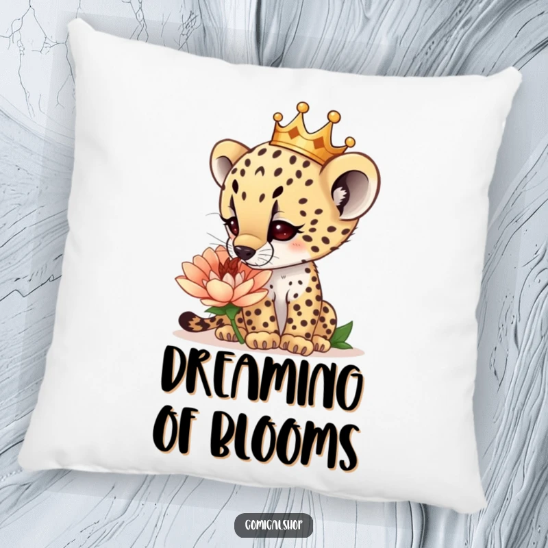 Funny curious cheetah cub wearing a tiny crown, sniffing a giant flower, on a soft pillow, providing comfort and wonder, an ideal funny gift.