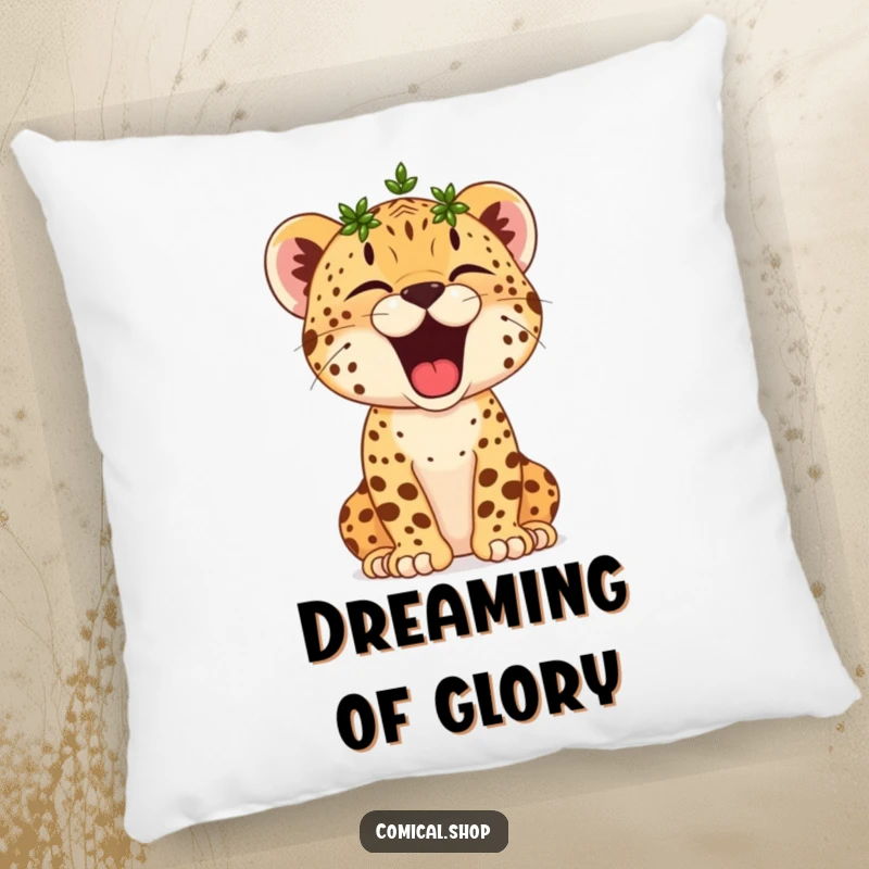 Funny Cheetah Cub Pillow: A tiny crowned cub yawns broadly, offering maximum comfort and a dose of sleepy humor.