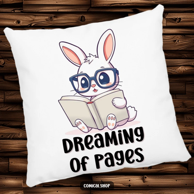 Funny pillow featuring a cute bunny with oversized glasses, happily reading a very large book, offering comfort and humor.