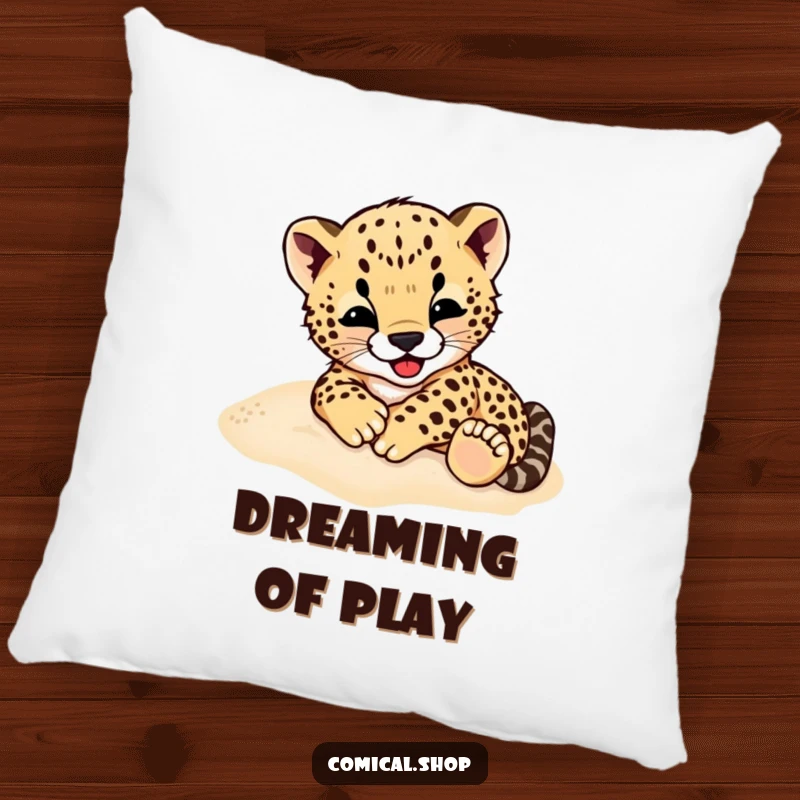 Funny Cheetah Cub Pillow: A soft pillow featuring a cheetah cub gleefully rolling in the sand, embodying playful cuteness.