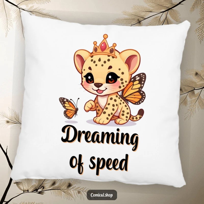 Funny cheetah cub wearing a tiara, playfully racing a butterfly, on a soft pillow, providing comfort and whimsy, an ideal funny gift.