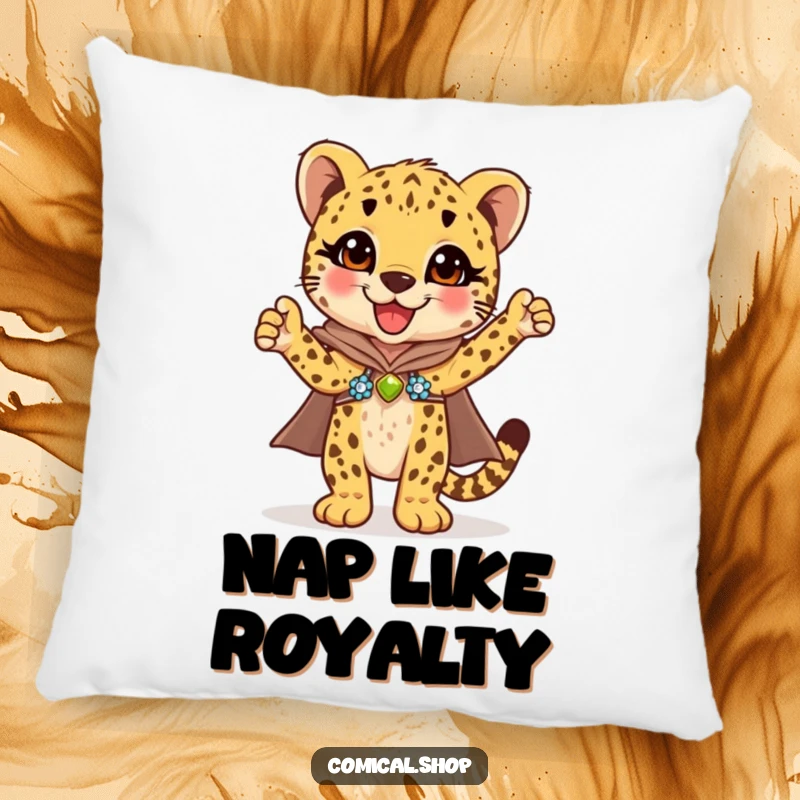 Funny cheetah cub in a glittering sequined cape striking a joyful, triumphant pose on this soft and cozy pillow.