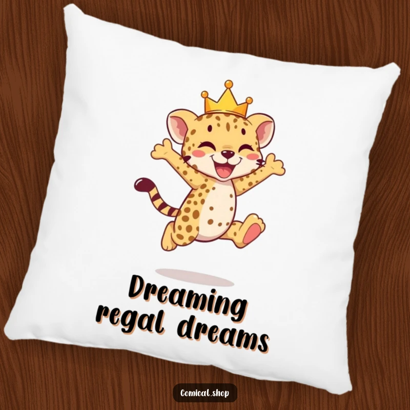 Funny cheetah cub pillow featuring a crowned cub in a joyful leap, radiating happiness.