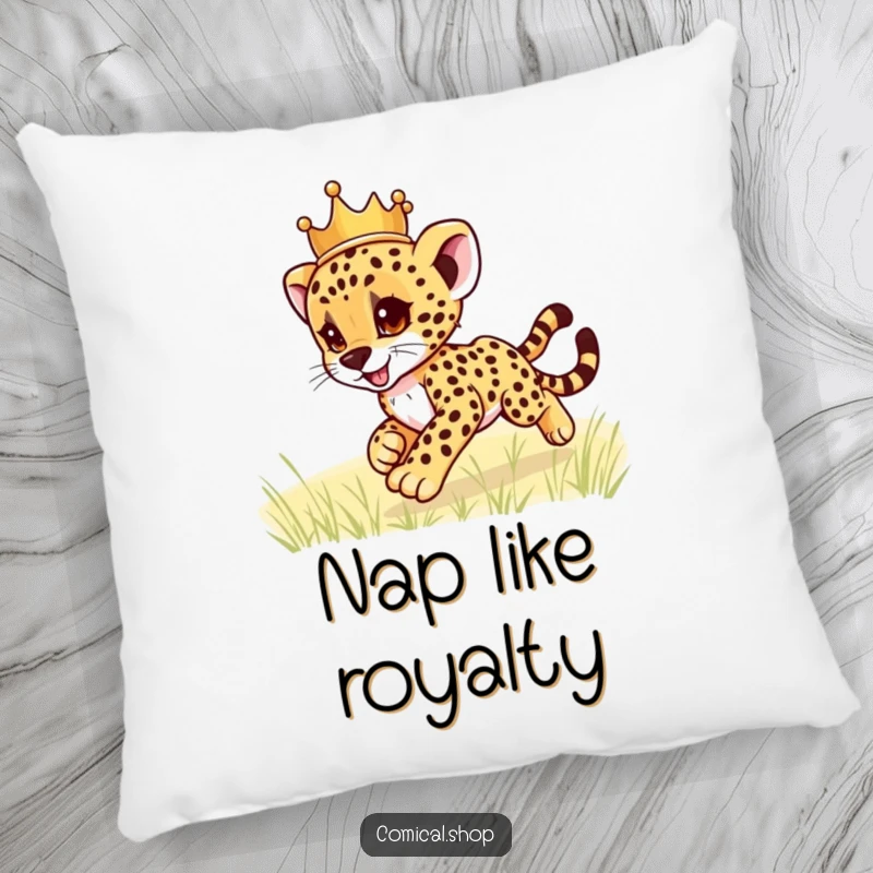 Funny cheetah cub wearing a crown, zooming playfully, on a soft pillow, providing comfort and humor, an ideal funny gift for decor.