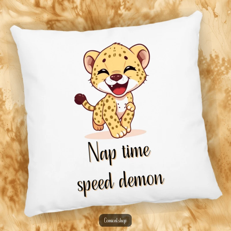 Funny pillow featuring a cute cheetah cub hilariously attempting to catch its own tail with immense happiness and playful energy.