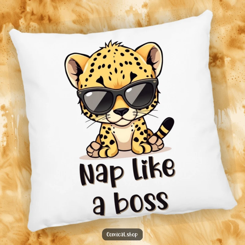 Funny cheetah cub pillow with a stylish cub wearing oversized sunglasses, perfect for sofas and beds.