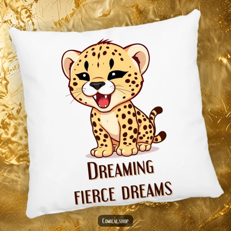 Funny pillow featuring a cheetah cub practicing its roar with a tiny, fierce expression, offering hilarious comfort and adorable power.