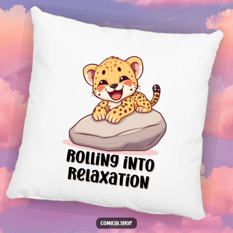 Funny pillow featuring a cheetah cub sliding down a smooth rock with a joyful yelp, adding a touch of fun to any space.