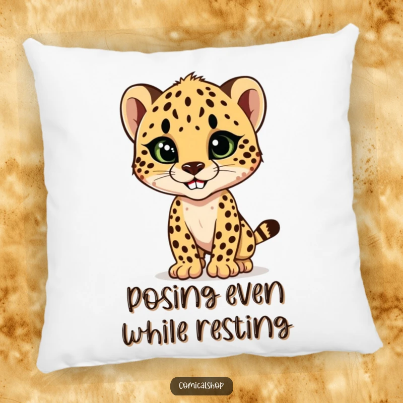 Funny cheetah cub striking a sleek, stylish pose with a confident grin, a soft and humorous pillow designed for stylish comfort.