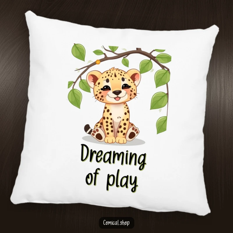 Funny cheetah cub pillow featuring a happy cub batting at a dangling vine, offering cozy jungle vibes and charm.