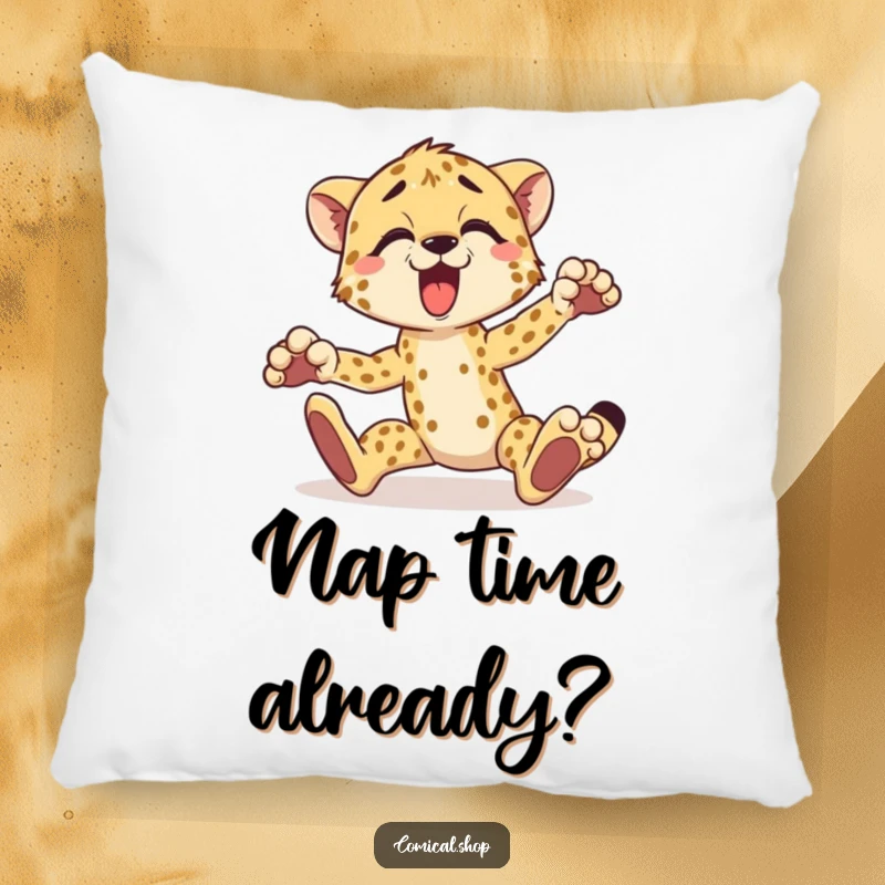 Funny cheetah pillow with a surprised cheetah tripping over its paws, perfect for sofas and beds.