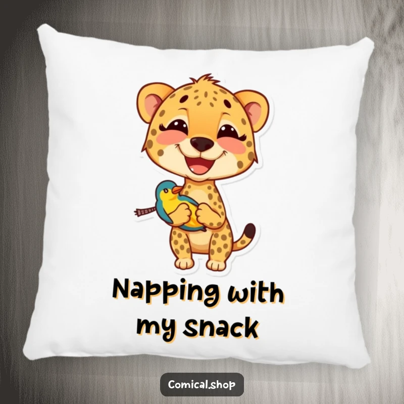Funny cheetah pillow displaying a wide-grinning cheetah carefully holding a small, vibrant bird, offering a touch of whimsical comfort.