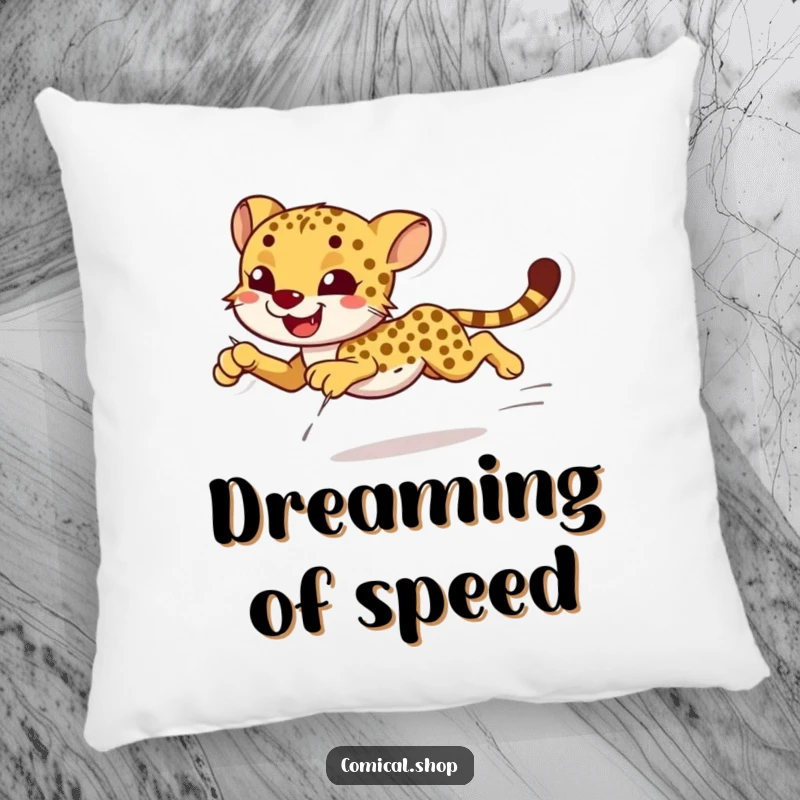 Funny smiling cheetah sprinting with effortless grace on a pillow, perfect for cozy comfort.