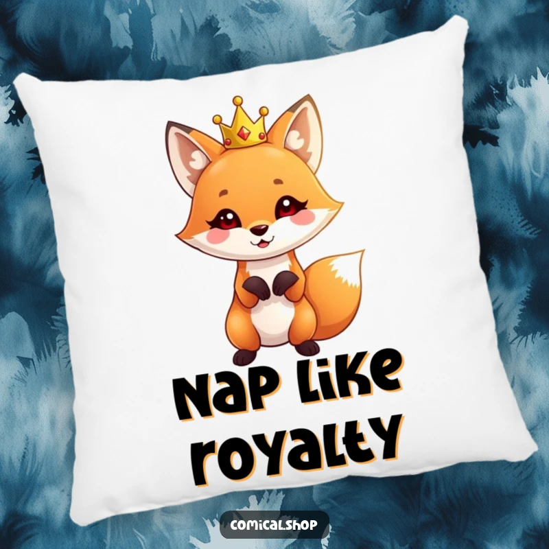 Funny Fox Crown Pillow featuring a cute fox wearing a tiny crown, striking a playful pose, ideal for cozy decor.