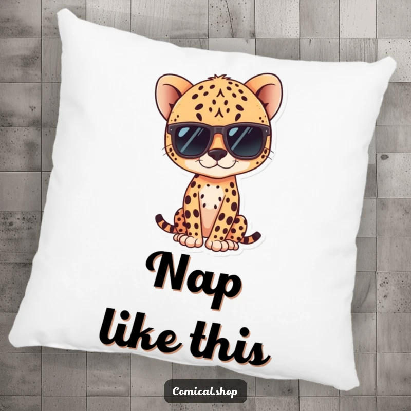 Funny kawaii cheetah wearing sunglasses, posing coolly on a pillow, perfect for comfort.