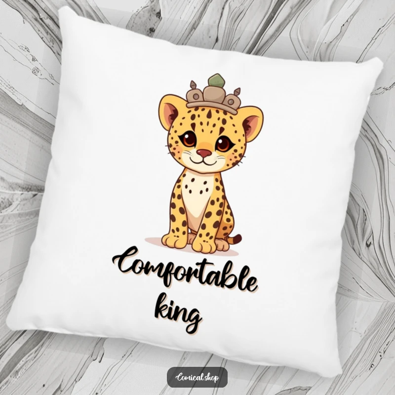 Funny proud cheetah cub wearing a stone crown, standing tall and regal on this soft, majestic pillow.
