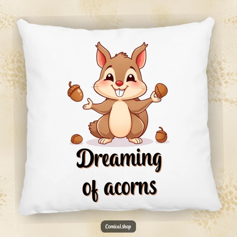 Funny pillow featuring a happy squirrel juggling acorns, providing comfort and a dose of playful energy.