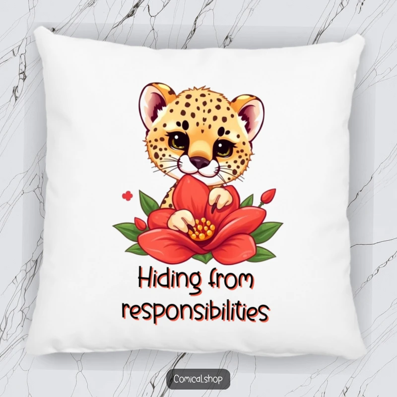 Funny pillow featuring a cheetah cub playfully peeking from behind a big red flower, adding a cute and humorous touch to any room.