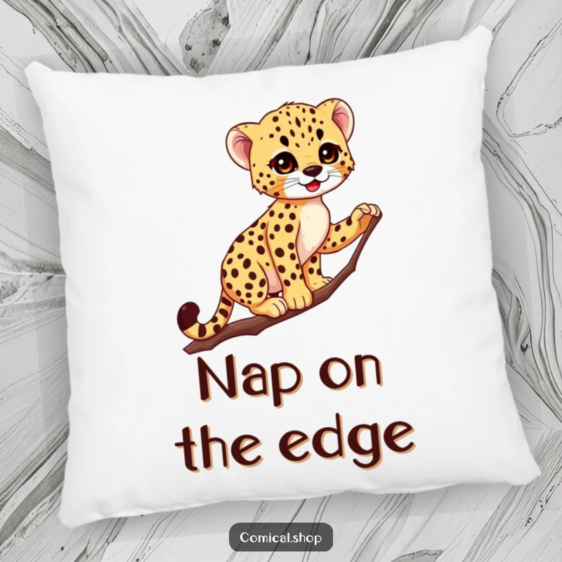 Funny Cheetah Cub Pillow: Cute spotted cub artfully balances on a thin branch, offering comfort and a touch of wild humor.