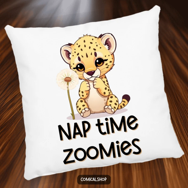 Funny decorative pillow showing a cheetah cub playfully batting at a dandelion, ideal for adding a humorous and cozy touch.