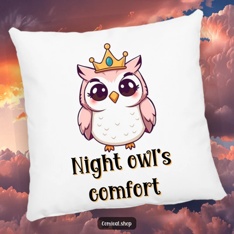 Funny Owl Crown Pillow featuring a giggling owl wearing a small crown, peering curiously, ideal for comfort.