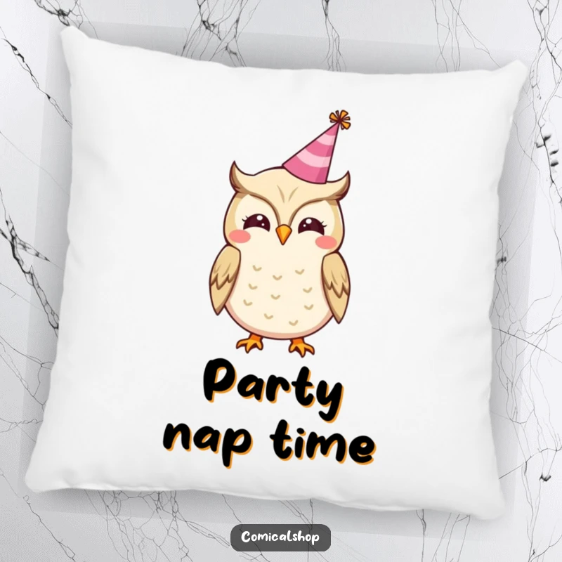 Funny pillow featuring a delightful owl in a party hat, hooting happily, providing comfort and festive cheer.