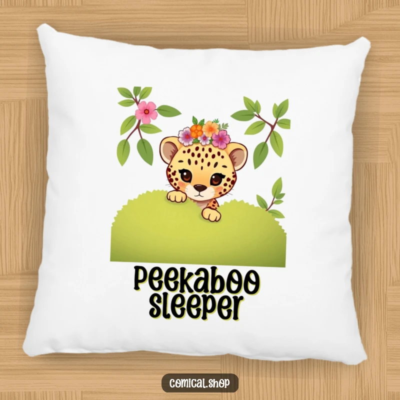 Funny mischievous cheetah cub in a floral crown peeking, this soft pillow adds playful charm and humor.