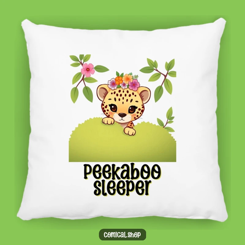 Funny Mischievous Cheetah Cub Floral Pillow: Cozy & Playful Gift